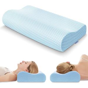 Anvo Memory Foam Pillow, Neck Contour Cervical Orthopedic Bed Pillow for Sleeping Side Back Stomach Sleeper, Ergonomic Design for Neck and Shoulder Pain Relief, Cyan, Firm (FIRM - Standard (23.9 x 14.1 x 4.7/3.9 inches))