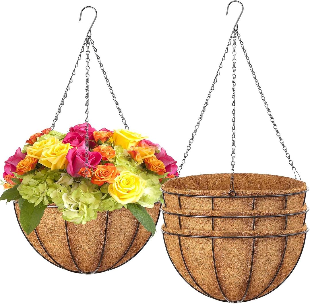 LCHUANG Hanging Baskets Planter for Plants - 4 Pack 14 Inch Metal Baskets with Coco Coir Liner, Hanging Flower Pots for Outside with Chain, Indoor Outdoor Garden Porch Decoration (14'' Pack of 4)