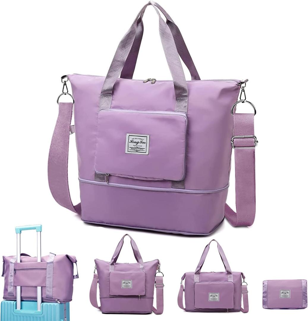 Travel Duffel Tote Bag,Travel Weekender Overnight Bags Women Carry On Bag Totes for Airplanes,Sports Gym Duffle with Trolley Sleeve (A-Purple-Long Strap)