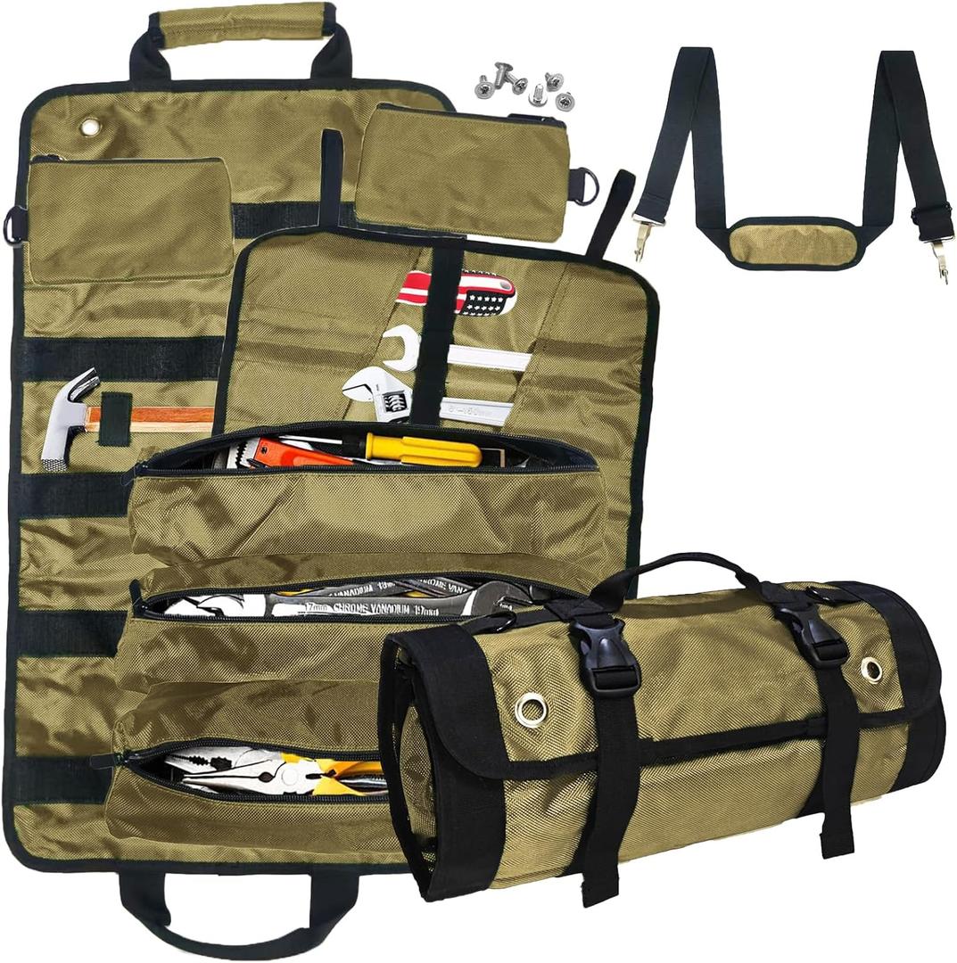 Roll Up Tool Bag Tool Roll,Portable Rollup Toolbag,Foldable Rollup organizer,Tool Organizer with 6 Detachable Pouches,Perfect for Engineers,Hobbyist,Men's gift and Engineer's gift (khaki)