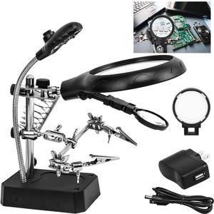 Helping Hands Magnifier Soldering Station with LED Light,LXIANGN 2.5X 7.5X 10X Desktop Magnifying Glass with Stand with Auxiliary Clamp for Miniature Painting,Model,Repair,Crafts,Hobby