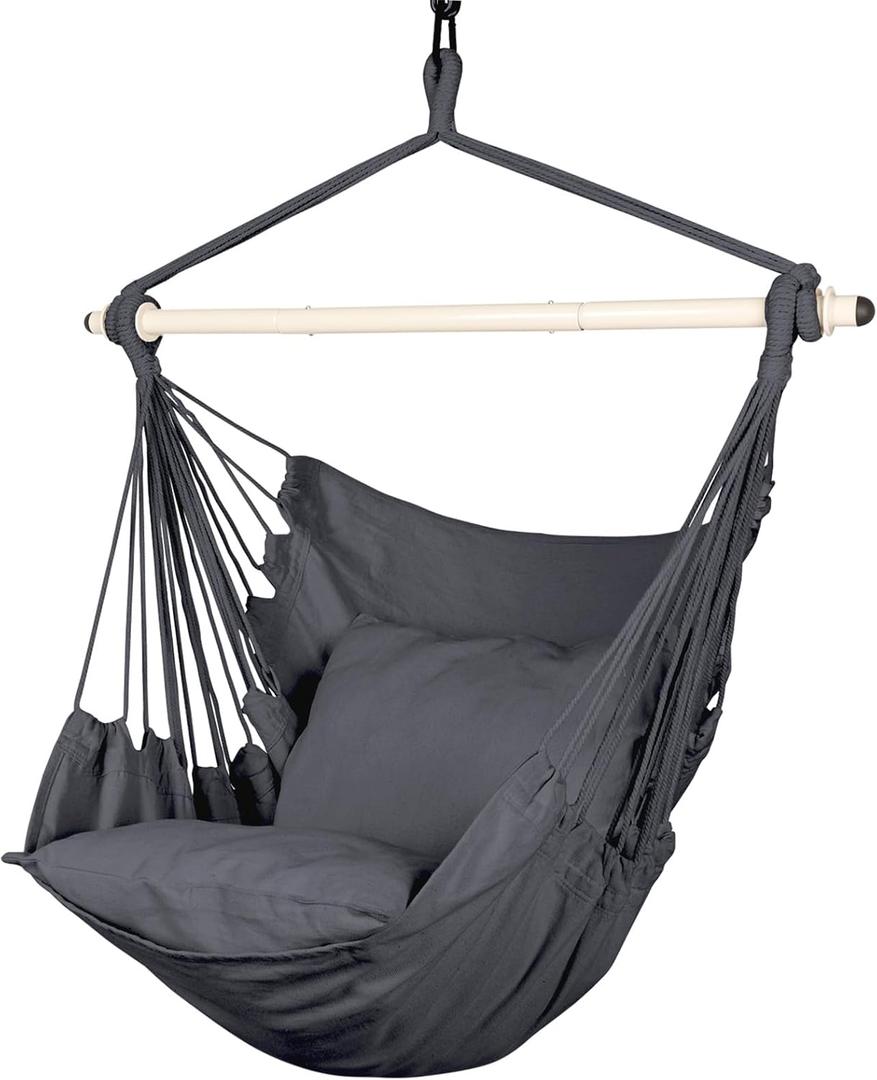 Highwild Hammock Chair Hanging Rope Swing - Max 500 Lbs - 2 Cushions Included - Steel Spreader Bar with Anti-Slip Rings - for Any Indoor or Outdoor Spaces (Grey) (Grey)