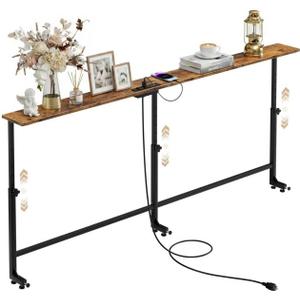 Faesun 70.9 Inch Behind Couch Table, 24"-32" Adjustable Height Range, Behind The Couch Table with Outlet, Adjustable Console Table, Narrow Long Sofa Table, for Living Room, Rustic Brown, 70.9"W x 5.9"D