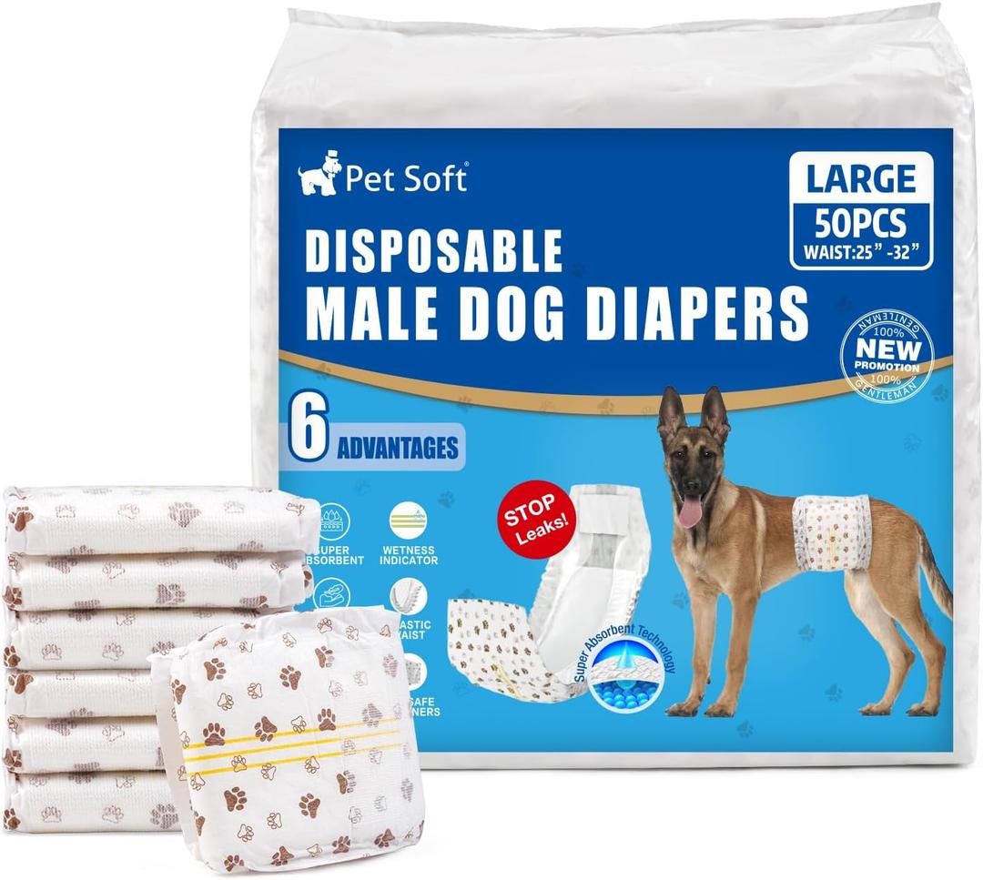 Pet Soft Male Dog Diapers - Disposable Male Dog Wraps Wetness Indicator, Puppy Diapers Male for Excitable Urination or Incontinence, 50pcs Large