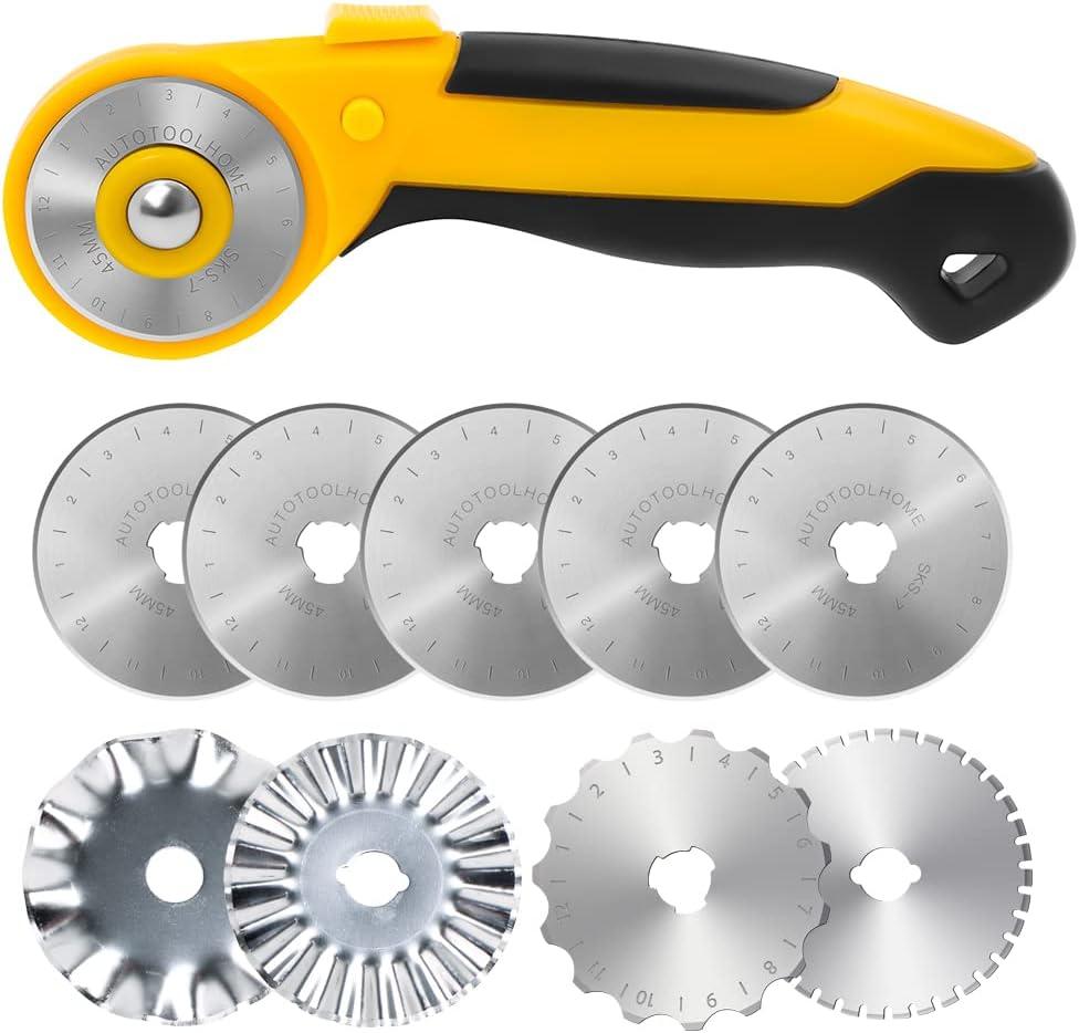 AUTOTOOLHOME 45mm Rotary Cutter with 9pcs Extra Blades Automatic Fabric Roller Cutter Perforator Crochet Edge Pinking Rotary Blades for Quilting, Sewing, Crafting (Color04)