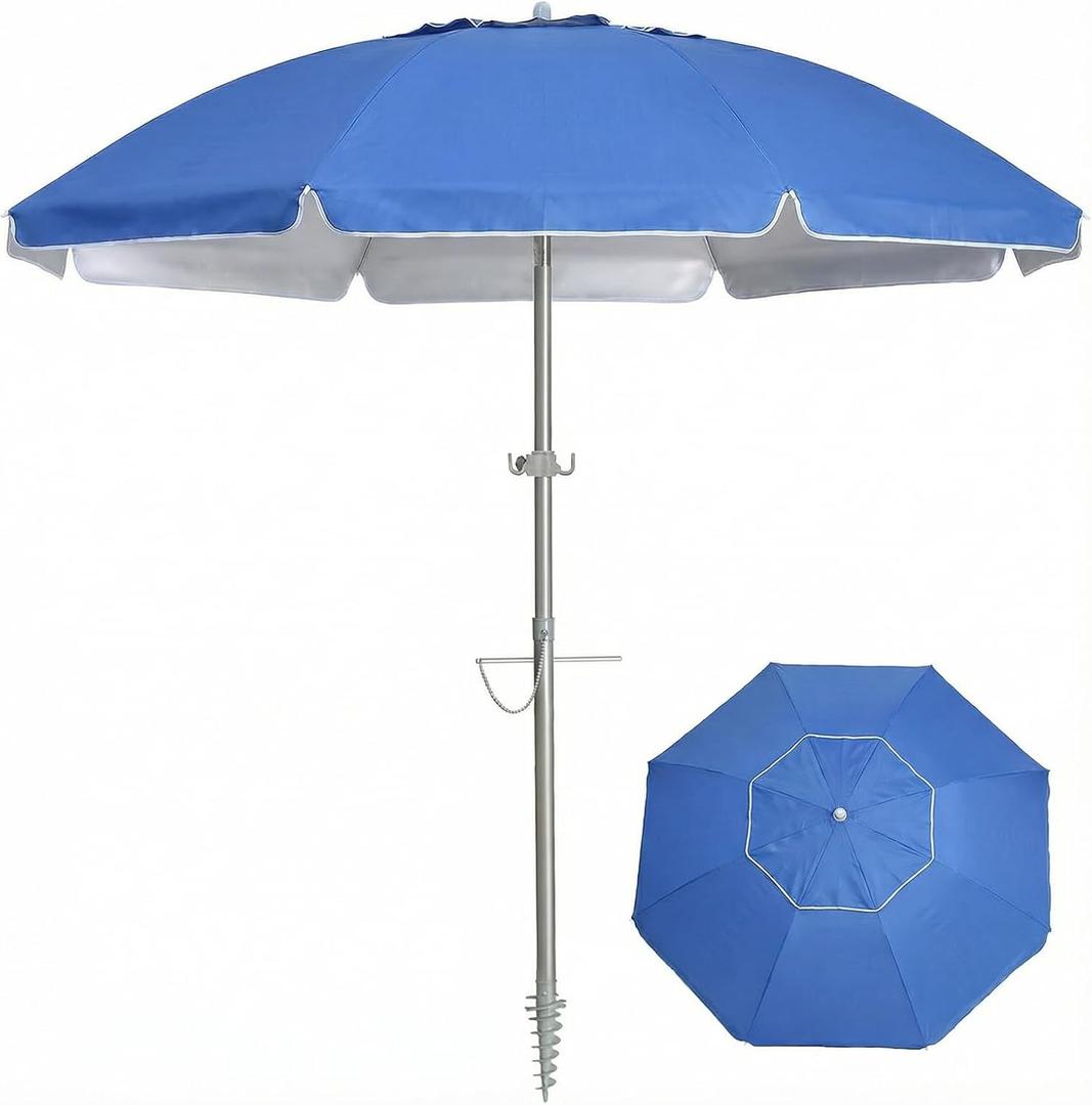 PASAMIC 7ft Beach Umbrella for Sand with Sand Anchor & Tilt, UPF 50+ Protection Beach Umbrellas for Heavy Duty Wind Portable with Carry Bag and Hook, for Patio Garden Pool, Dark Blue, 7FT without Table