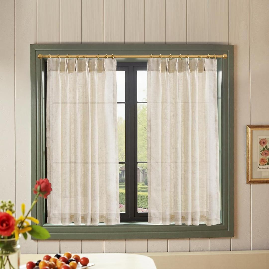 jinchan Pinch Pleated Linen Blend Curtains 45 Inch 2 Panels Light Filtering Modern Farmhouse Back Tab Drapes for Kitchen Bathroom Beige