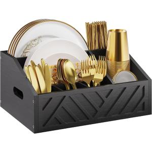 Paper Plate Dispenser for Party, Wood Outdoor Utensil Caddy for Parties, Paper Plate Holders Organizer for Countertop, Black Silverware Holder for Buffet Cutlery, Plates,Flatware, Utensils and Napkins