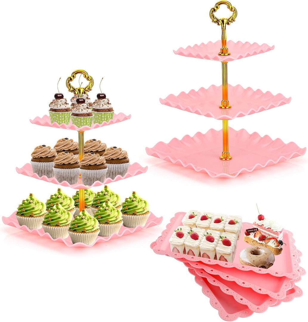 6 Pcs Dessert Table Display Set - 2 X Cupcake Stand Holder/Cup Cake Tier Tower & 4 X Serving Tray Combo for Tea Party, Birthday, Baby Shower (Square Pink)