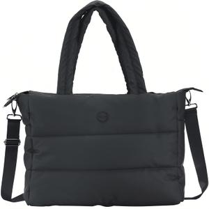 Large Puffer Tote Bag for Women,Lightweight Shoulder Bag with Compartment,Quilted Carryall Bag for Travel,Work (Black)