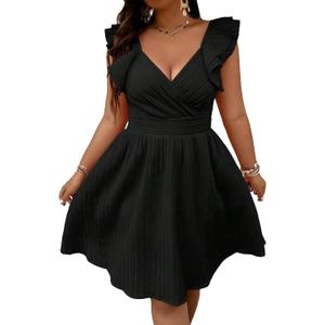 Floerns Women's Plus Size Wrap Front Sweetheart Neck Ruffle Cap Sleeve A Line Dress Black 2XL