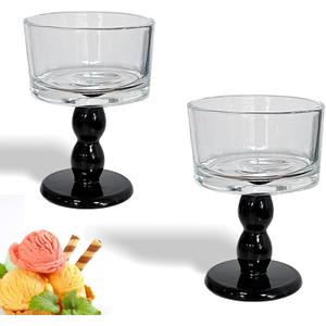 Set of 2 Vintage Embossed Footed Glass Dessert Bowls  Elegant and Durable Serveware for Ice Cream, Trifle, Salad, Candy, and Cake, Perfect for Home, Parties, and Weddings (Black)