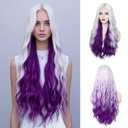 WECAN Silver Grey to Purple Wig 28 Inches Long Sliver to Purple Wavy Wigs For Women Synthetic Hair Replacement Wigs Halloween Cosplay Daily Party Heat-Resistant Fiber Wig