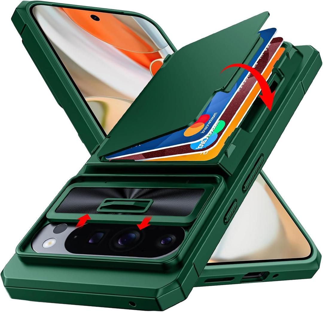 CENMASO for Google Pixel 9 Pro XL Case with Card Holder (4 Cards) Sliding Camera Cover & KickstandRFID Blocking Military Drop Protection & TPU Edge Wallet Case for Pixel 9 Pro XL-Green