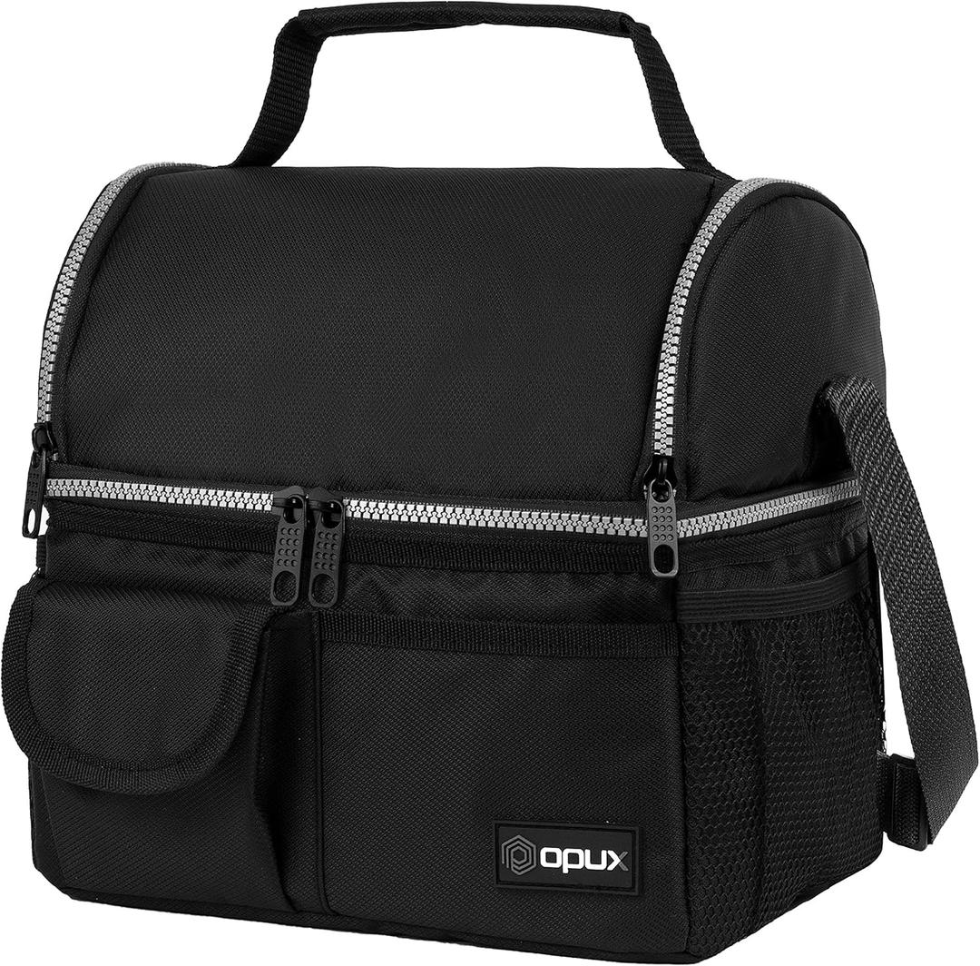 opux Insulated Lunch Bag Women Men, Dual Compartment Leakproof Lunch Box Adults Kids, Double Decker Meal Prep Bento Lunch Cooler Tote with Shoulder Strap for Work Office School Travel, Black