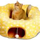 AUOON Cat Tunnel Bed with Central Mat Under Christmas Tree,Big Tube Playground Toys,Full Moon Shape for Kitten,Cat,Puppy,Rabbit,Ferret,Yellow