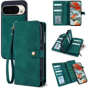 TwoHead for Google Pixel 10 Pro XL Wallet Case with Card Holder & Detachable Magnetic Pixel 10 Pro XL Case, PU Leather All-Round Protective Phone Cover,Green,6.8 in