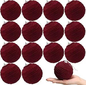 Soulchen Burgundy 9Pcs 3.15 Inch Large Flocked Christmas Balls Velvet Xmas Tree Decoration Plush Balls Xmas Hanging Ornaments with Ropes for Holiday Wreath Garland Home Wedding Party Decorations