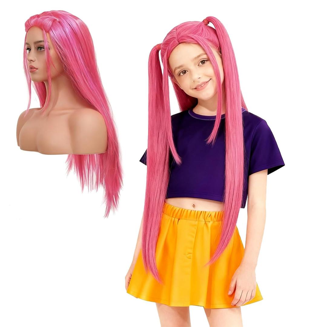 Long Straight Hot Pink Cosplay Wig with 2 Ponytails for Halloween Party Accessories Costume Dress-up