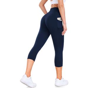 GROTEEN Capri Leggings for Women with Pockets - High Waisted Soft Yoga Pants for Running Workout Capris (Small-Medium, Navy Blue)