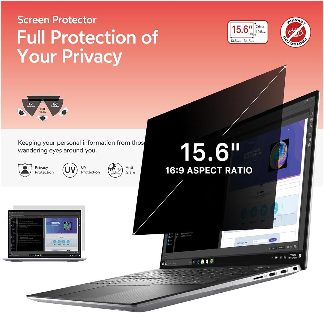 bersem 15.6 Laptop Privacy Screen for 16:9 Ratio Computer Monitor, Removable Anti Glare Blue Light Filter for Laptop Privacy Screen 15.6 inch, Anti-Spy, Anti-Scratch, UV-Blocking