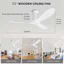 52 Inch White Ceiling Fan No Light Wood Outdoor Ceiling Fans for Patios Living Room Bedroom Dc Reversible Modern Ceiling Fan Without Light with Remote Control