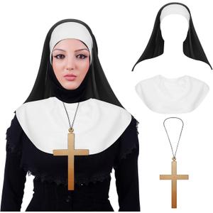 Syhood 3 Pieces Halloween Nun Costume Accessories Nun Hat White Nun Collar Gold Cross Pendant Necklace for Halloween Cosplay Party
