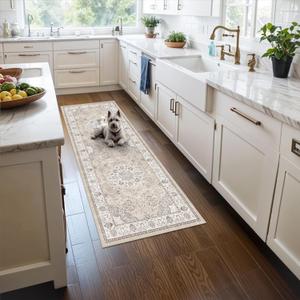 Washable 2x5 Hallway Runner Rug: Vintage Water Resistant Kitchen Entryway Rug Ultra Soft Living Room Bedroom Carpet with Non Slip Backing Indoor Low Pile Floor Mat for Bathroom Dining Room (2X5, Beige)
