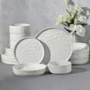 E-far 16-Piece Plates and Bowls Sets with Pasta Bowls - Stoneware Dinnerware Set for 4, Modern Ribbed Speckled White Dishes, Microwave & Dishwasher Safe