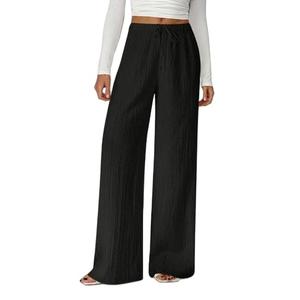 QJQ Women's Wide Leg Pants Textured Drawstring High Waisted Long Trousers Casual Loose Flowy Workout Sweatpants White X-Small (Black, XS)