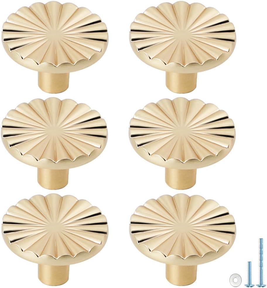 6 Pack Round Sunflower Brushed Gold Cabinet knobs,Cup Flat Brass Drawer Handles Knobs, Kitchen Cabinet Pulls Handles for Drawer Dresser Closet with Screws (6, Brushed Gold, Single Hole)