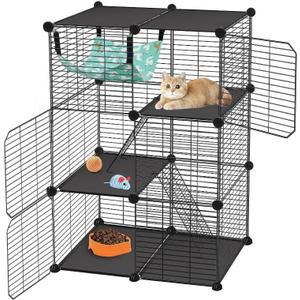 Large Cat Cage Indoor, 3-Tier Cat Enclosure 28"x18"x42", Multi-Level Cat Playpen for 1-2 Cats Kittens, Metal Wire Cat Crate with Hammock & Ramp, Small Pet Cage for Rabbit Guinea Pig Ferret