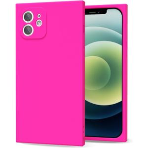 oakxco for iPhone 12 Case Silicone Rectangle Edge Corner, Y2k Soft Rubber Gel Cute Phone Case for Women, Girly Aesthetic Trendy Unique Design with Camera Cover, Neon Hot Pink