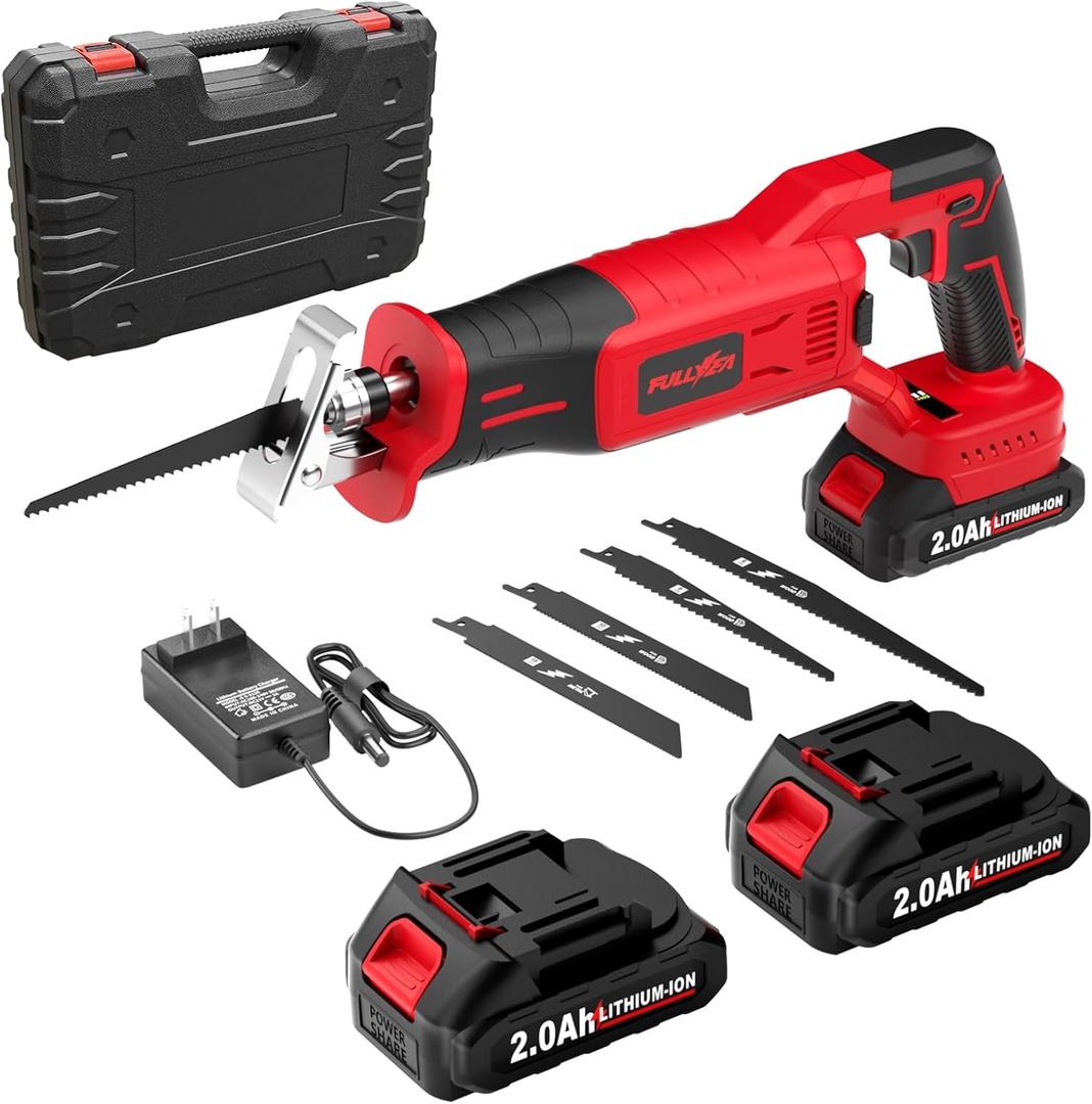 FULLYEA Reciprocating Saw Cordless, Brushless Recipro Saw 0-3500 SPM, Cordless Saws with 2 * 2.0Ah Battery & 4 Blades, Battery Powered Reciprocating Saws for Wood/Metal/Plastic Cutting