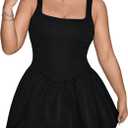 OYOANGLE Women's Plus Size Square Neck Ruffle Bubble Dress Sleeveless Flared A Line Short Tank Dress 2XL