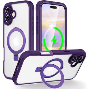 Dteck for iPhone 16 Plus Case 6.7" (2024), Magnetic Clear Case with Screen Protector Film/Kickstand, Compatible with MagSafe Accessory, Shockproof Protective Lightweight Slim Thin Cute Cover, Purple