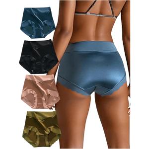 SOLY HUX Women's Satin Silk Briefs Scallop Trim No Show Underwear Lingerie Mid Rise Panties 4 Piece (Blue Pink Multi)