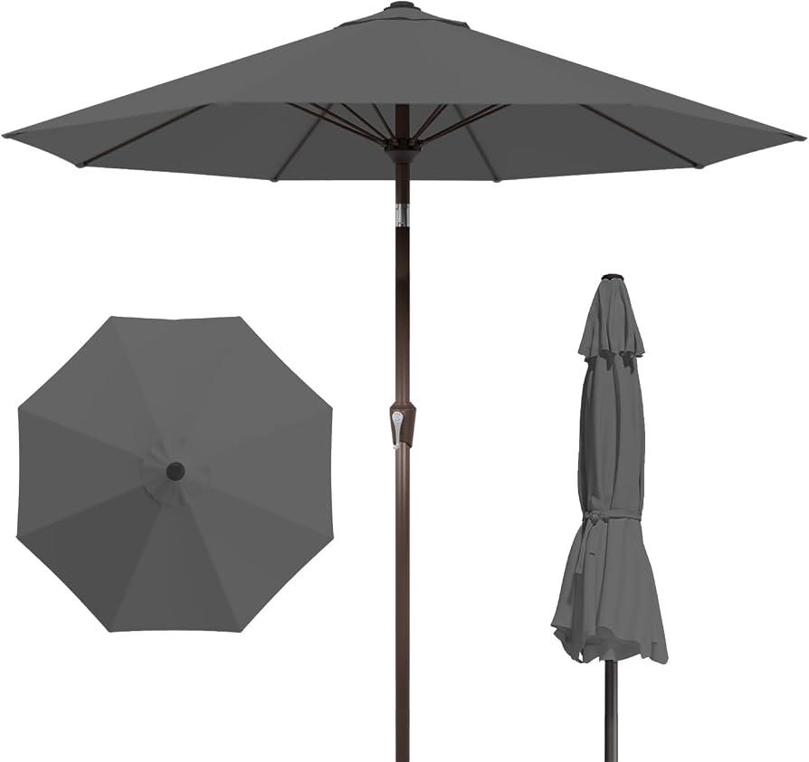 9FT Patio Umbrella with Fiberglass Ribs, Outdoor Market Table Umbrella with Crank and Tilt, UV Resistant Waterproof Canopy for Patio, Garden, Deck, Pool, Gray