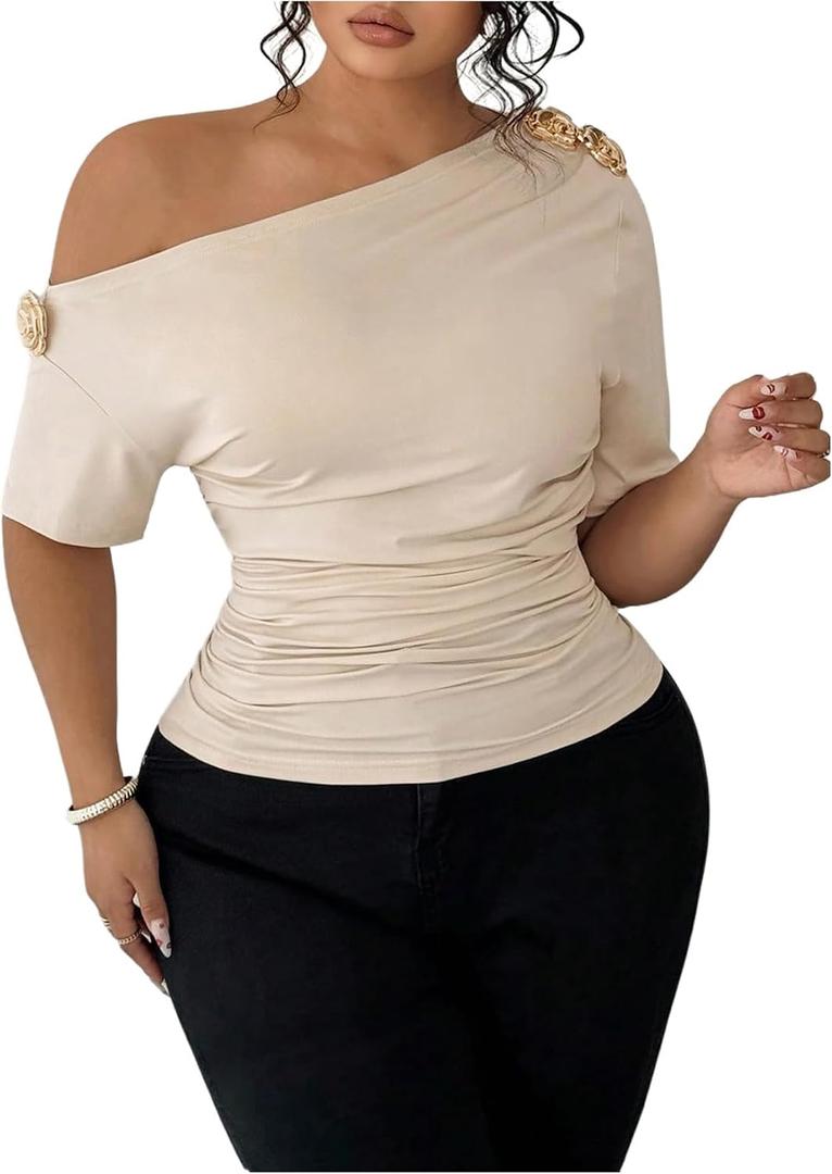 Women's Plus Size Off The Shoulder Tops Elegant Metal 3D Floral Ruched Short Sleeve Going Out Blouses (Beige, XXL)