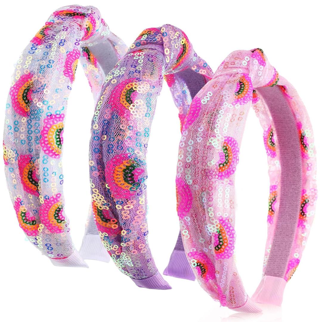 3 Pcs Sequin Knotted Headband for Girl Rainbow Sparkly Knotted Headbands Glitter Sequin Headpiece Hair Accessories for Birthday Party Christmas Gift Stocking Stuffers Easter Basket Fillers