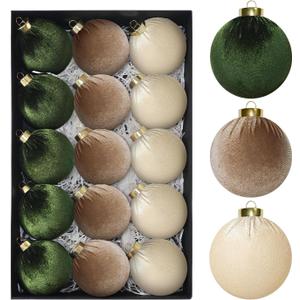 15 PCS Green and Brown Velvet Balls Ornaments for Christmas Tree, 3.15" Large Balls Velvet Christmas Ornaments Set Decor for Tree Mantle Wreath, Neutral Vintage Shatterproof Xmas Indoor Home Decor