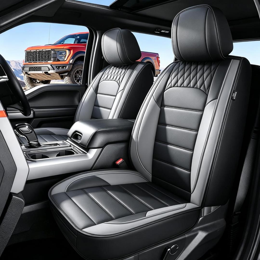 YORKNEIC for 2009-2026 Ford F150 Seat Covers & F250 F350 F450 2017-2026 | Front Set Truck Seat Covers Faux Leather Waterproof Fit XL XLT Lariat Platinum & More Trims(Black&Grey)