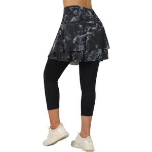 ANIVIVO Skirted Leggings for Women Capri, Athletic Tennis Skirt with Leggings Golf Pickleball Clothes with Pockets (Large, 2-Black Tie-Dye)