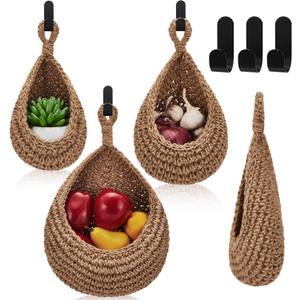 Honeydak Boho Decor Hanging Wall Baskets for Kitchen 3 Pack Teardrop Baskets with Hooks Storage Fruit Onion Vegetable Potato for Home 3 Sizes(Linen,Hemp Rope)
