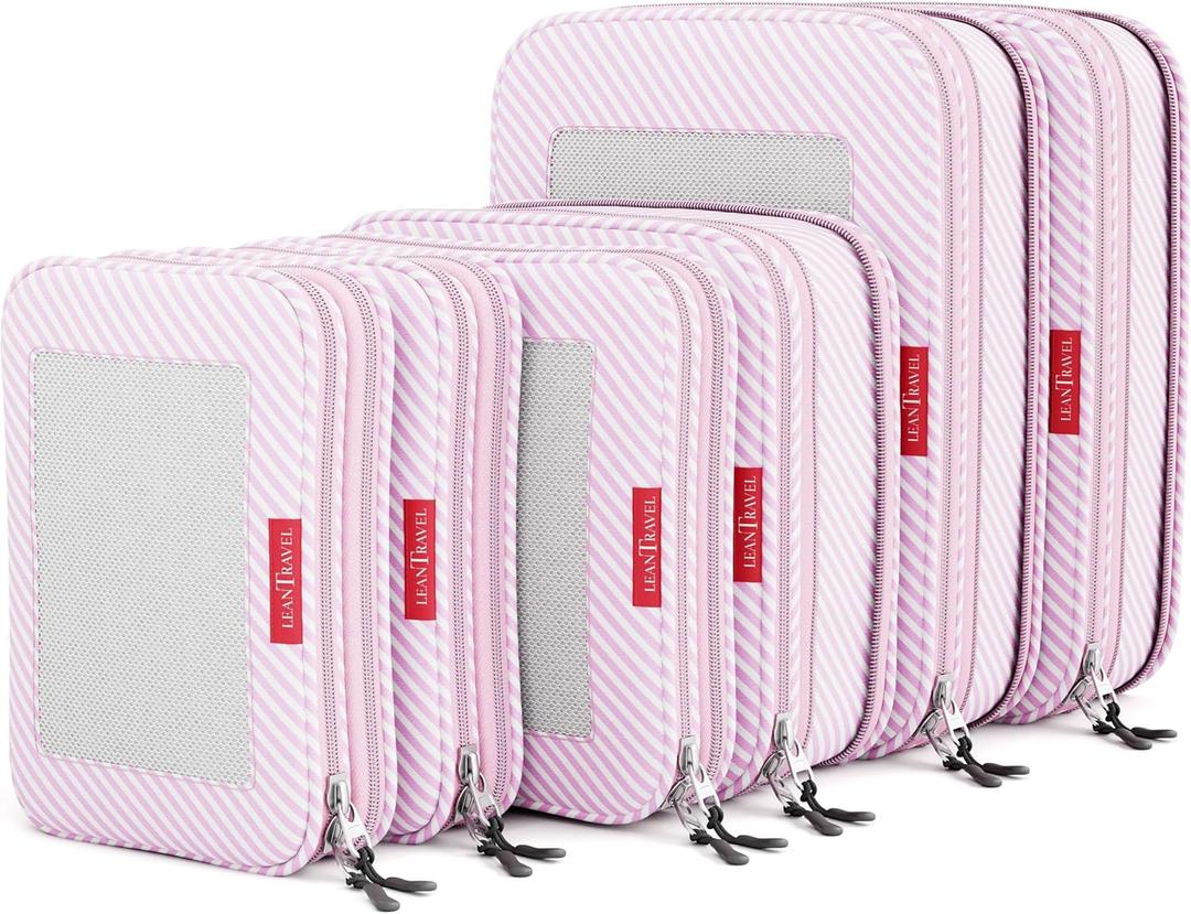 LeanTravel Premium Compression Packing Cubes for Travel - Suitcase Organizer Bags with Double Zipper & Breathable Mesh Panel - Space Saving Carry On Luggage Essentials (6-Pack, Pink Stripes)