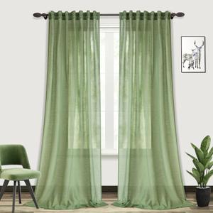 Linen Textured Sage Green Curtain Panels 90 Inchs Length - Rod Pocket Light Filtering Curtain for Living Room, Semi Sheer Curtains Privacy Add Rustic Flax Curtain for Sunroom Sliding Glass Door (52"W x 90"L (Pack of 2))