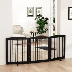 PUPETPO Freestanding Pet Gate for Dogs, Foldable Wooden Dog Gate for House, Indoor Dog Gate for Doorways, Stairs, Gates for Dogs Indoor, Support Feet Included, 24" Height 3 Panels, Brown