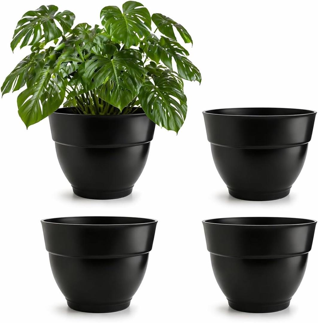RooTrimmer 4 Pack 13 Inch Plant Pots with Drainage Holes,Lightweight Durable Planters for Indoor Outdoor,Modern Plastic Flower Pots for Houseplants,Patio,Garden & Balcony (Black)