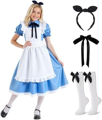 fhjax Halloween Costumes for Girls, Blue Dress White Apron with Stockings Bow headband and Tie Set for Cosplay Party Size 150 Blue