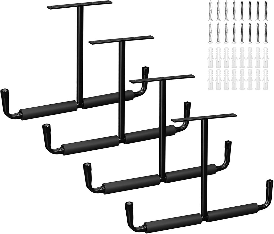 4 Pack Overhead Ceiling Hook Rack, Heavy Duty Ceiling Mount Hangers, Double T-Bar Metal Ladder Ceiling Racks, Hanging for Bike, Pipe Lumber, Fishing Rod, Sports Equipment